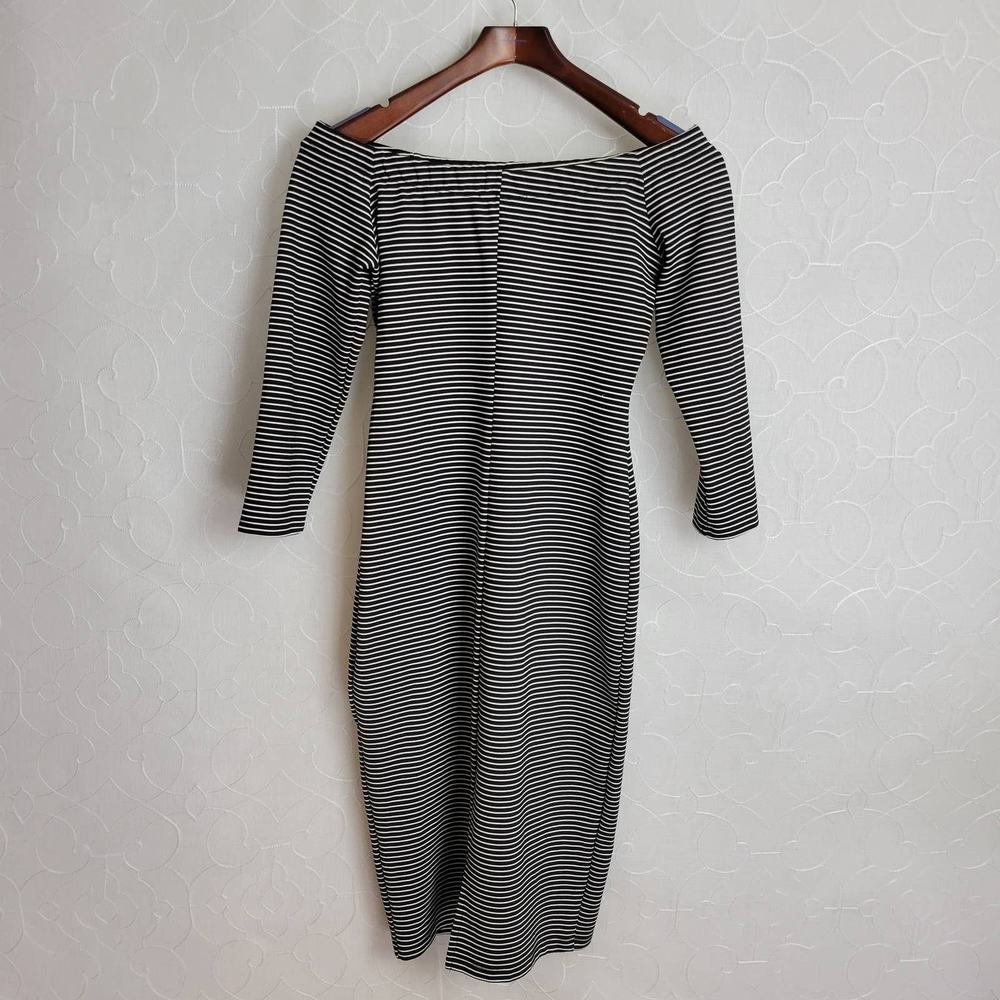 Zara Womens Dress Black Stripe Bodycon Boat Neck Half Sleeve Midi Career Work